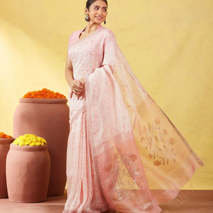 Baby Pink Handloom Tussar Linen Silk Saree With Chevron Motifs