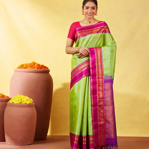Cardamom Green Handloom Kanchipuram Korvai Silk Saree With Zari Stripes & Buttas