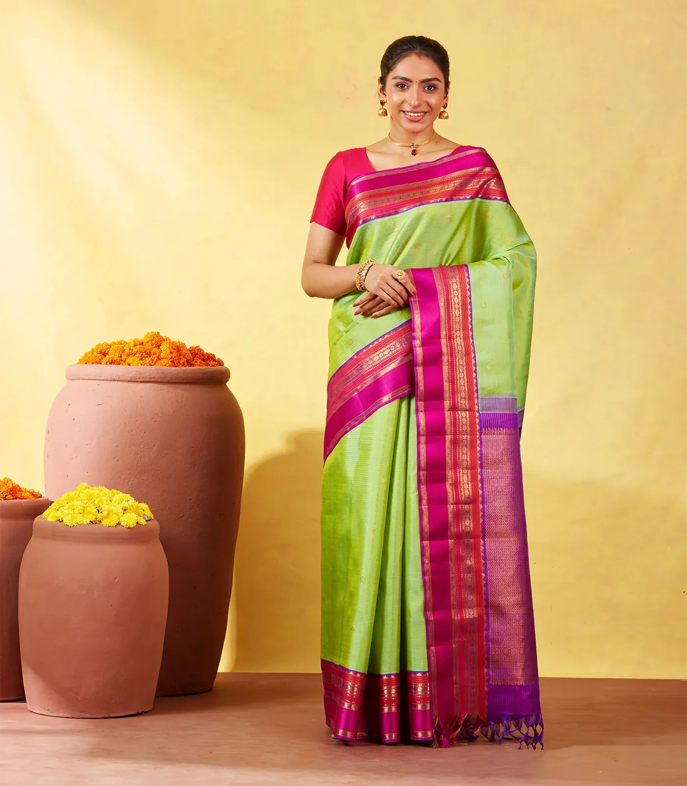 Cardamom Green Handloom Kanchipuram Korvai Silk Saree With Zari Stripes & Buttas