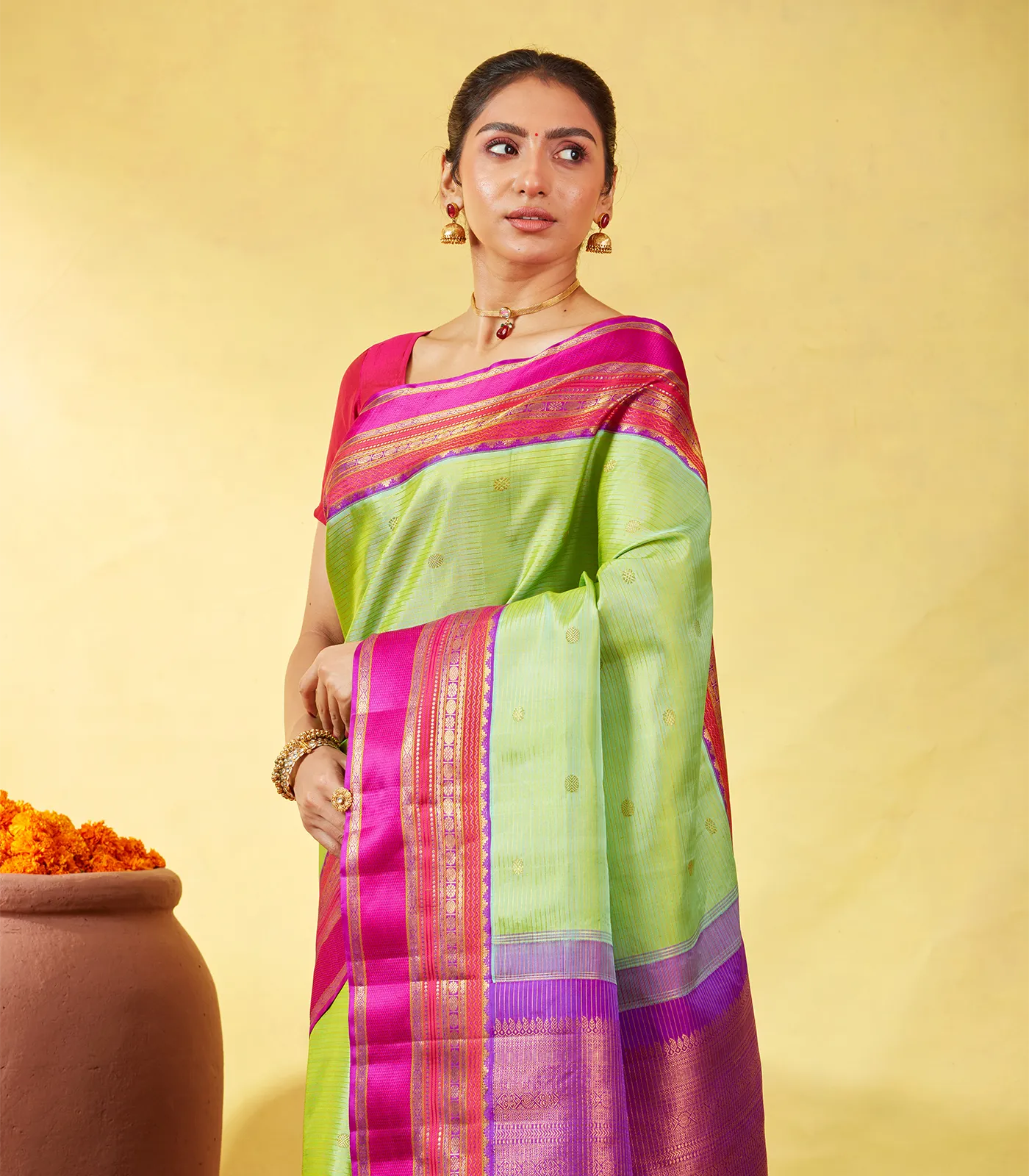 Cardamom Green Handloom Kanchipuram Korvai Silk Saree With Zari Stripes & Buttas
