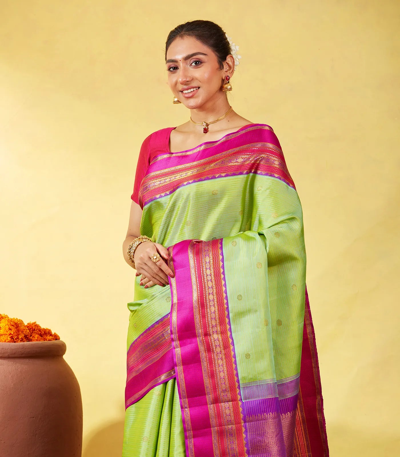 Cardamom Green Handloom Kanchipuram Korvai Silk Saree With Zari Stripes & Buttas