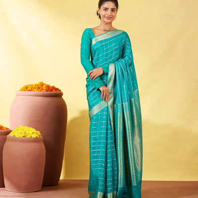 Cyan Crepe Silk Saree With Zari Checks