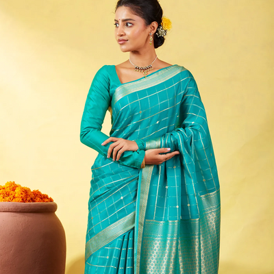 Cyan Crepe Silk Saree With Zari Checks