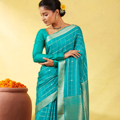 Cyan Crepe Silk Saree With Zari Checks