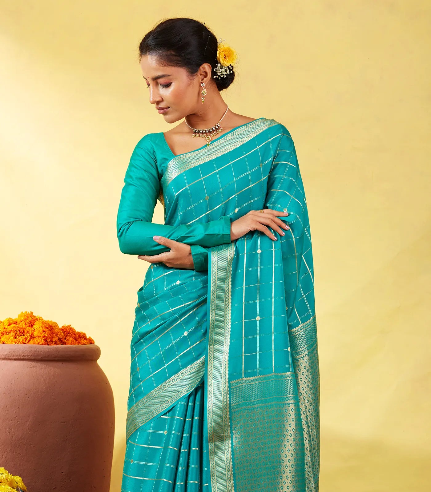 Cyan Crepe Silk Saree With Zari Checks