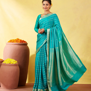 Cyan Crepe Silk Saree With Zari Checks