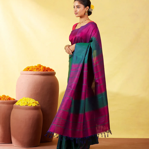 Teal Handloom Kanchipuram Rising Border Silk Saree