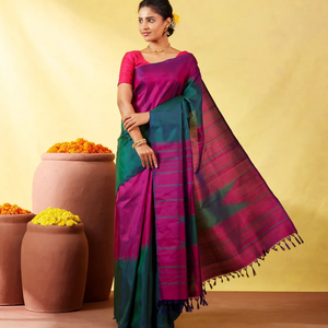 Teal Handloom Kanchipuram Rising Border Silk Saree