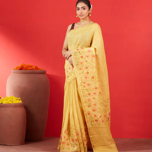 Gold Handwoven Linen Saree Printed With Floral Motifs