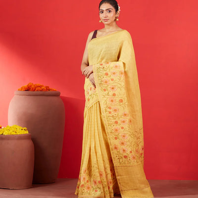 Gold Handwoven Linen Saree Printed With Floral Motifs