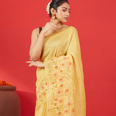 Gold Handwoven Linen Saree Printed With Floral Motifs