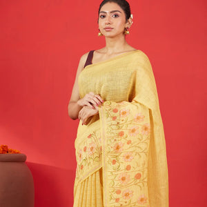 Gold Handwoven Linen Saree Printed With Floral Motifs