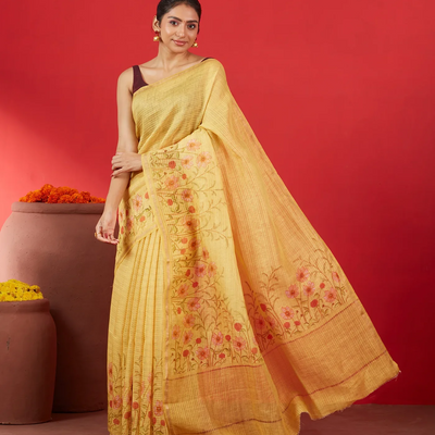 Gold Handwoven Linen Saree Printed With Floral Motifs