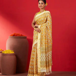 Cream Handloom Chanderi Cotton Saree Is Printed With Floral Motifs