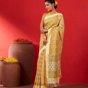 Cream Handloom Chanderi Cotton Saree Is Printed With Floral Motifs