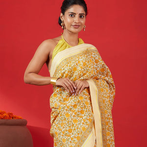Cream Handloom Chanderi Cotton Saree Is Printed With Floral Motifs