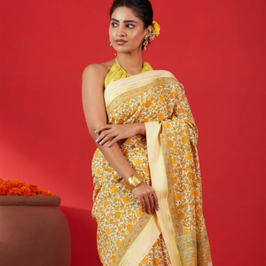 Cream Handloom Chanderi Cotton Saree Is Printed With Floral Motifs