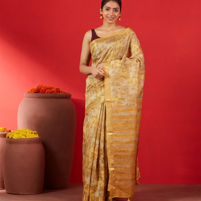 Beige Handloom Tussar Silk Saree Printed With Triangle Motifs