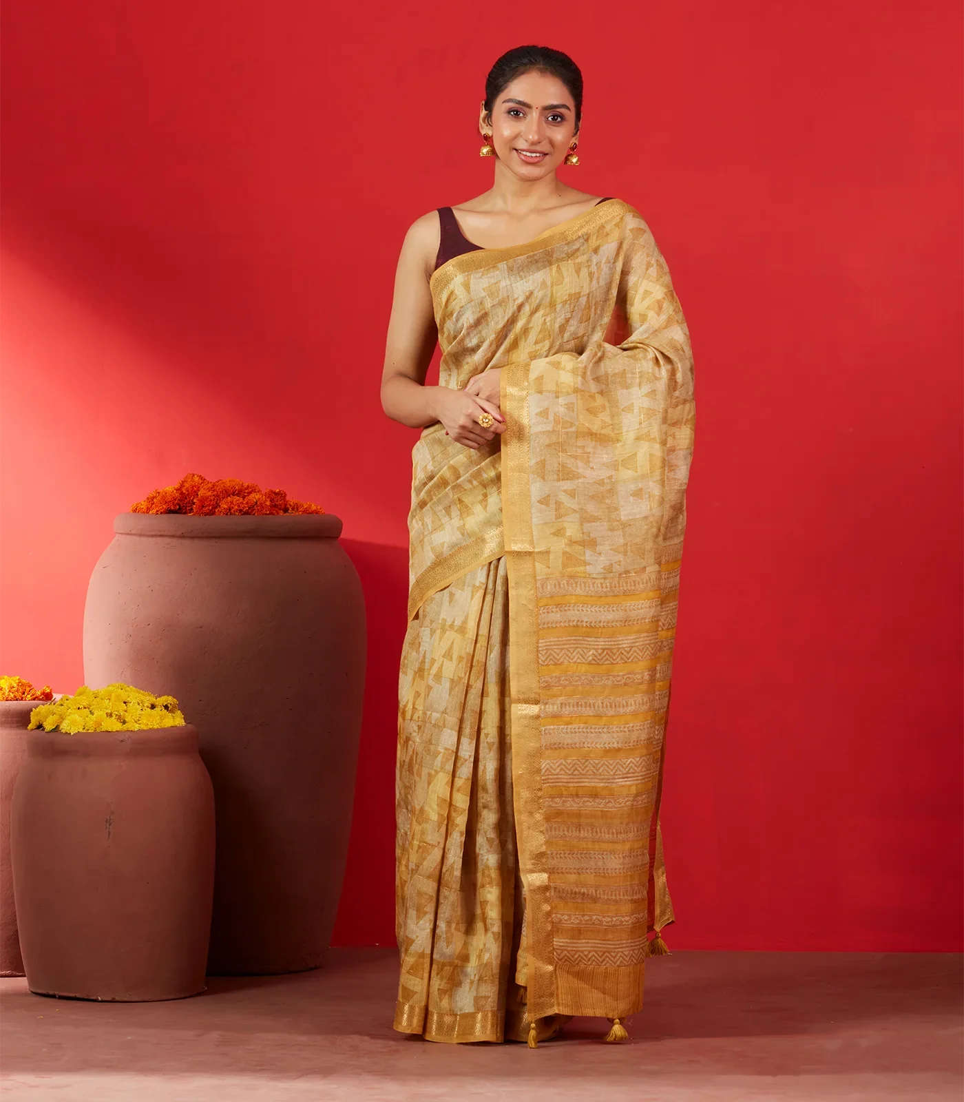 Beige Handloom Tussar Silk Saree Printed With Triangle Motifs