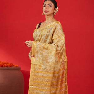 Beige Handloom Tussar Silk Saree Printed With Triangle Motifs