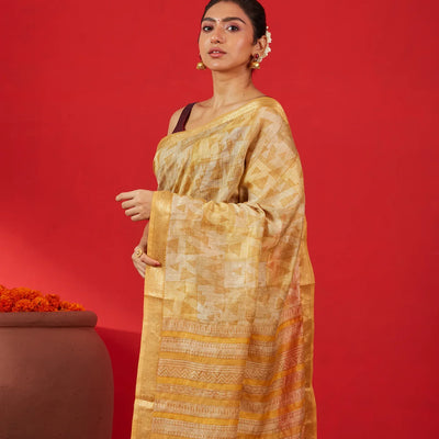 Beige Handloom Tussar Silk Saree Printed With Triangle Motifs