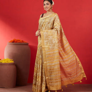 Beige Handloom Tussar Silk Saree Printed With Triangle Motifs