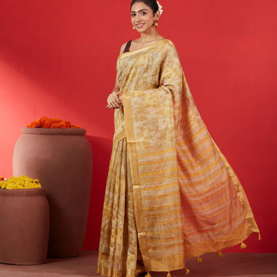 Beige Handloom Tussar Silk Saree Printed With Triangle Motifs