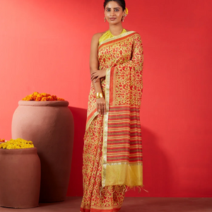 Yellow Handloom Chanderi Cotton Saree With Printed Floral Motifs