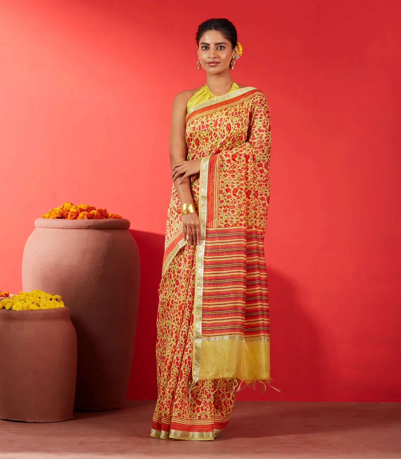 Yellow Handloom Chanderi Cotton Saree With Printed Floral Motifs
