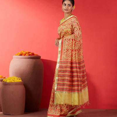 Yellow Handloom Chanderi Cotton Saree With Printed Floral Motifs