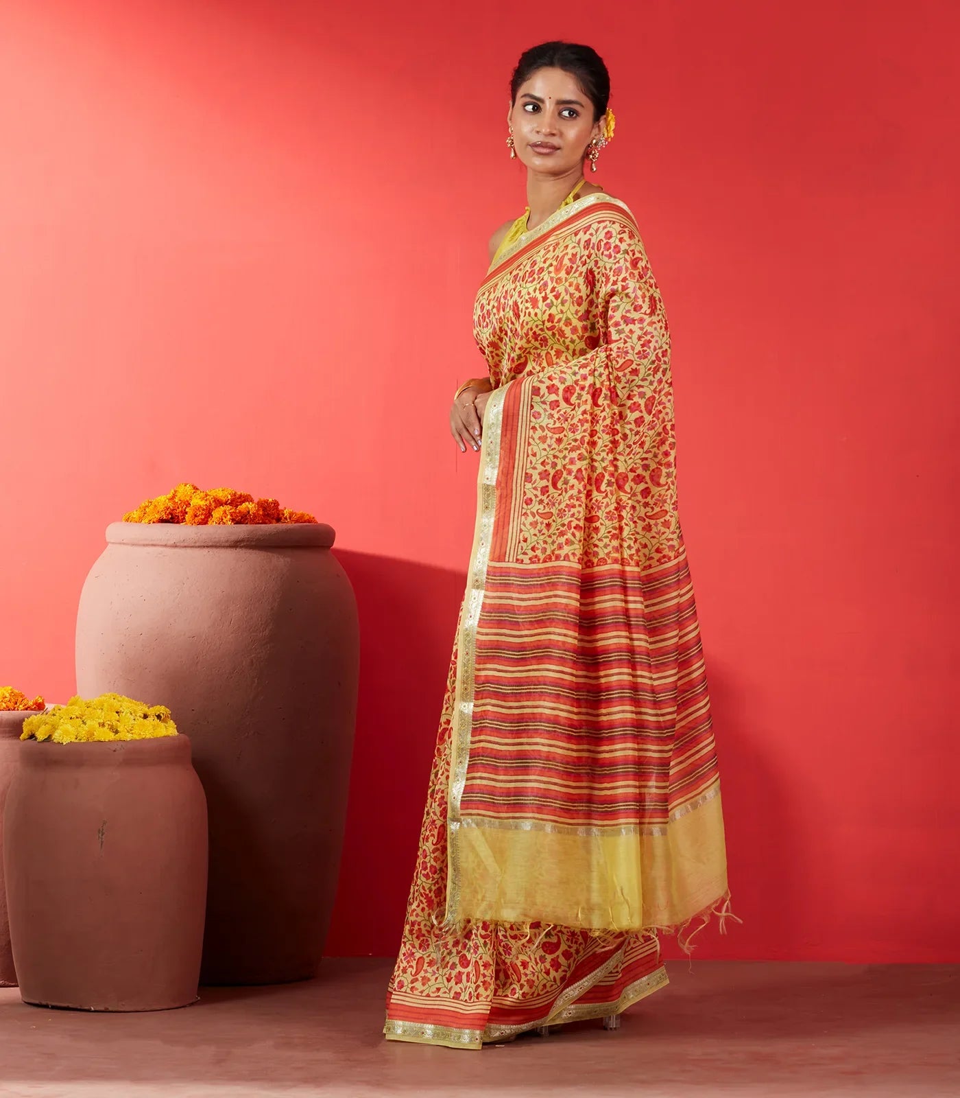 Yellow Handloom Chanderi Cotton Saree With Printed Floral Motifs
