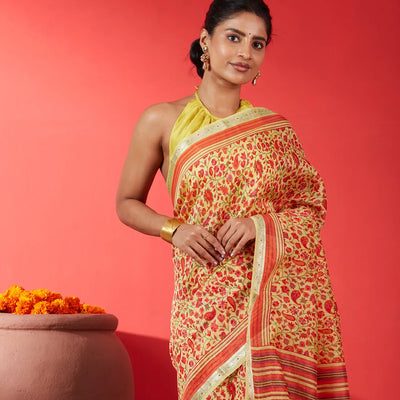 Yellow Handloom Chanderi Cotton Saree With Printed Floral Motifs