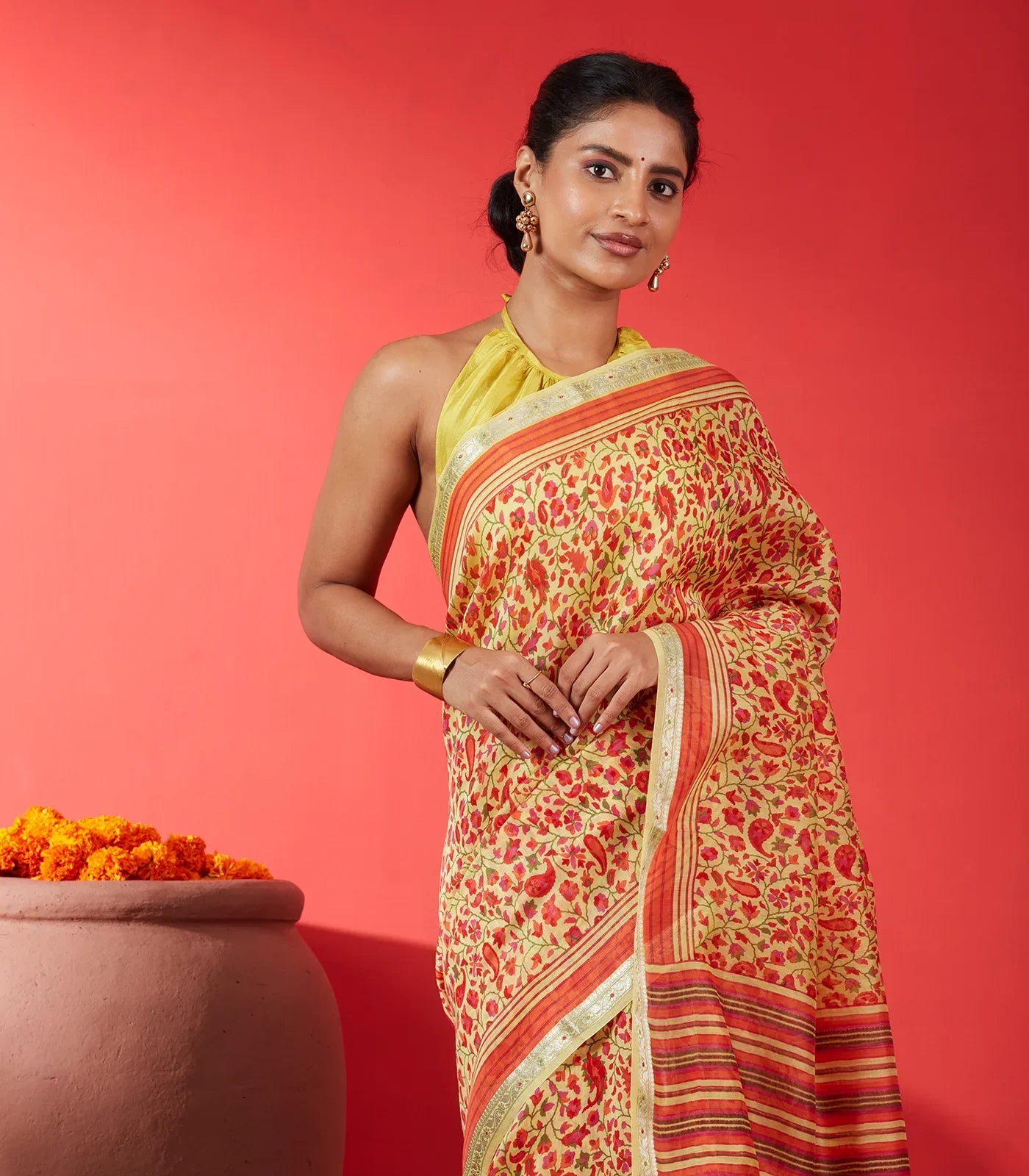 Yellow Handloom Chanderi Cotton Saree With Printed Floral Motifs