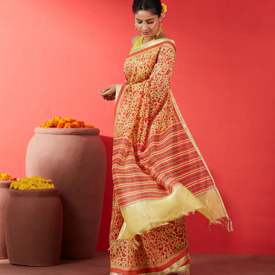 Yellow Handloom Chanderi Cotton Saree With Printed Floral Motifs