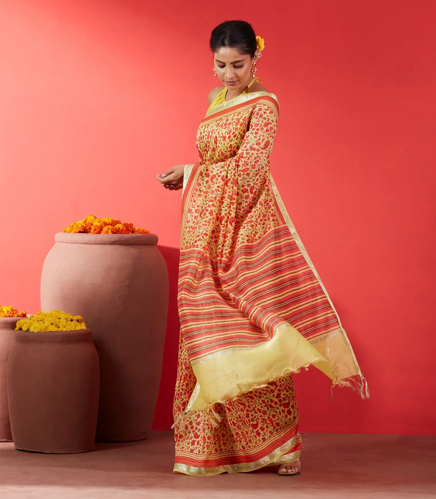 Yellow Handloom Chanderi Cotton Saree With Printed Floral Motifs