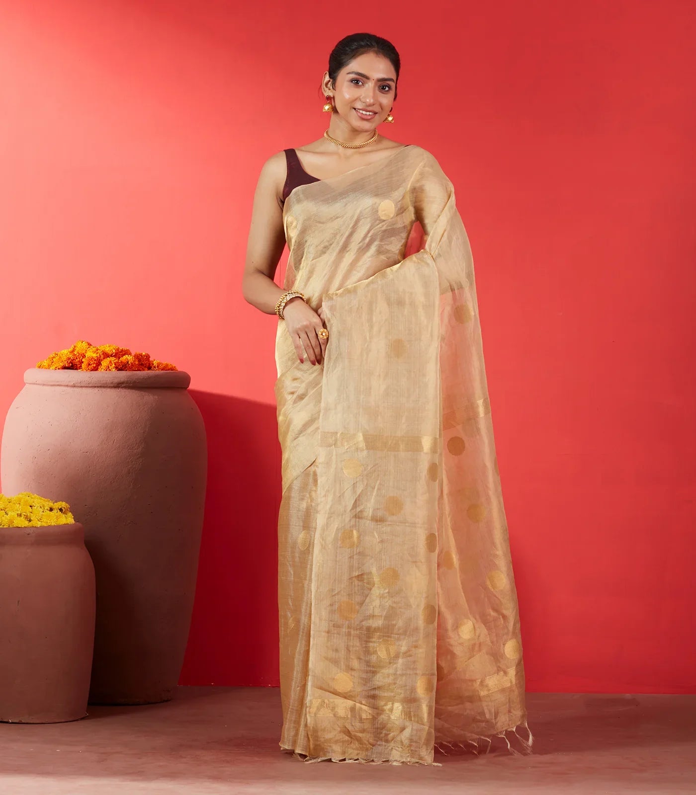 Beige Blended Tussar Tissue Saree With Coin Buttas-Beige