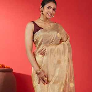 Beige Blended Tussar Tissue Saree With Coin Buttas-Beige