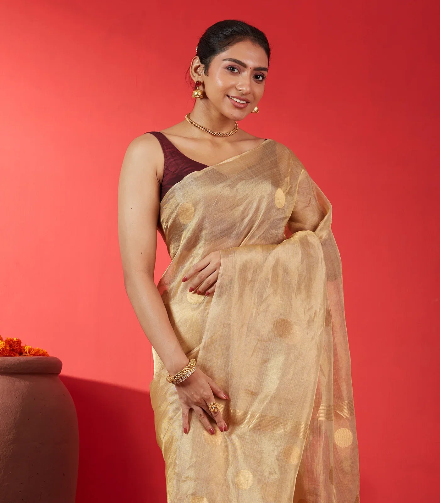 Beige Blended Tussar Tissue Saree With Coin Buttas-Beige