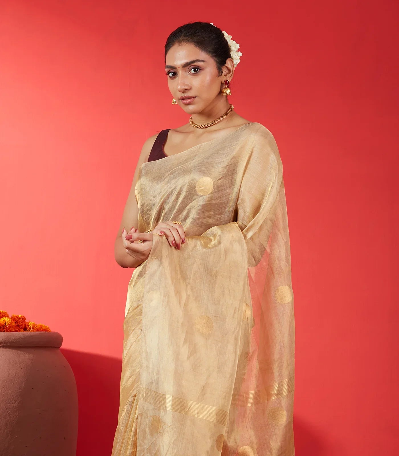 Beige Blended Tussar Tissue Saree With Coin Buttas-Beige