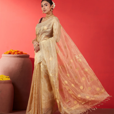 Beige Blended Tussar Tissue Saree With Coin Buttas-Beige