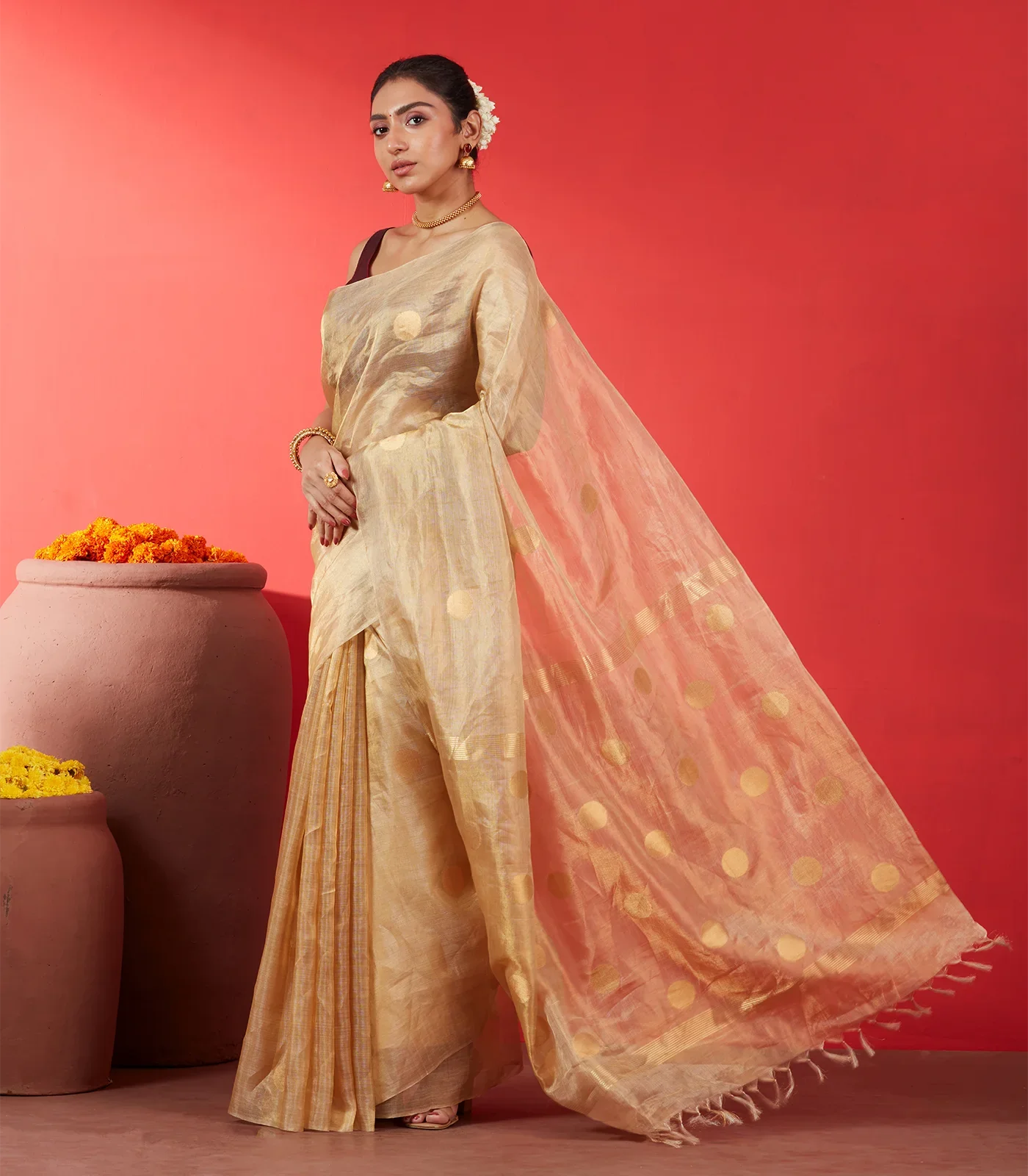 Beige Blended Tussar Tissue Saree With Coin Buttas-Beige