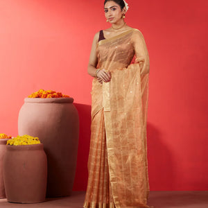 Gold Blended Tussar Tissue Saree With Buttas-Gold