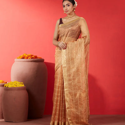 Gold Blended Tussar Tissue Saree With Buttas-Gold
