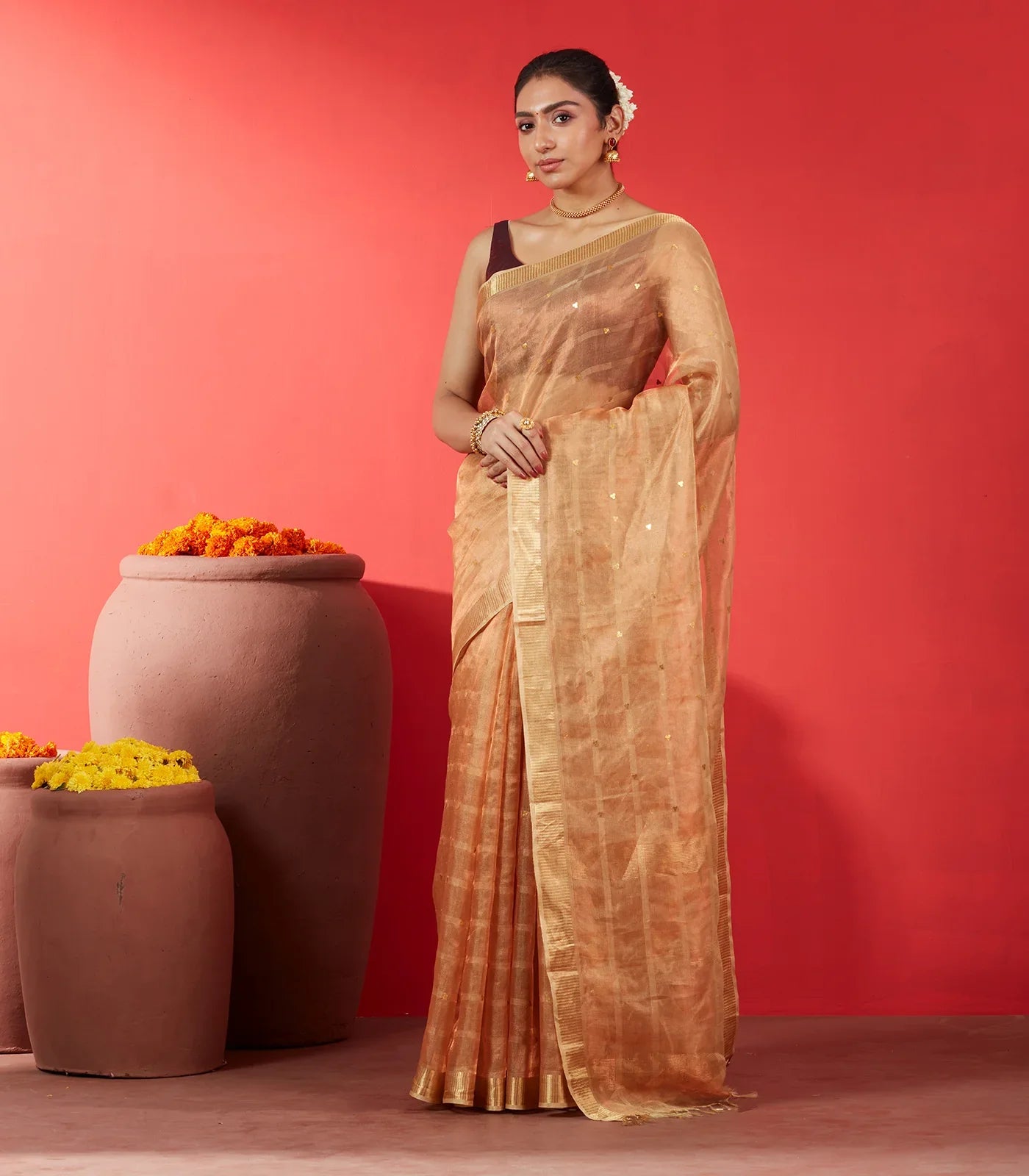 Gold Blended Tussar Tissue Saree With Buttas-Gold
