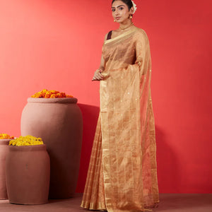 Gold Blended Tussar Tissue Saree With Buttas-Gold
