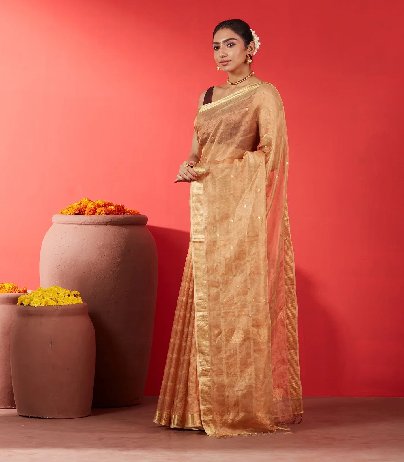 Gold Blended Tussar Tissue Saree With Buttas-Gold