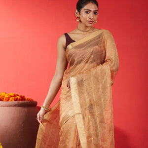 Gold Blended Tussar Tissue Saree With Buttas-Gold