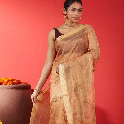 Gold Blended Tussar Tissue Saree With Buttas-Gold