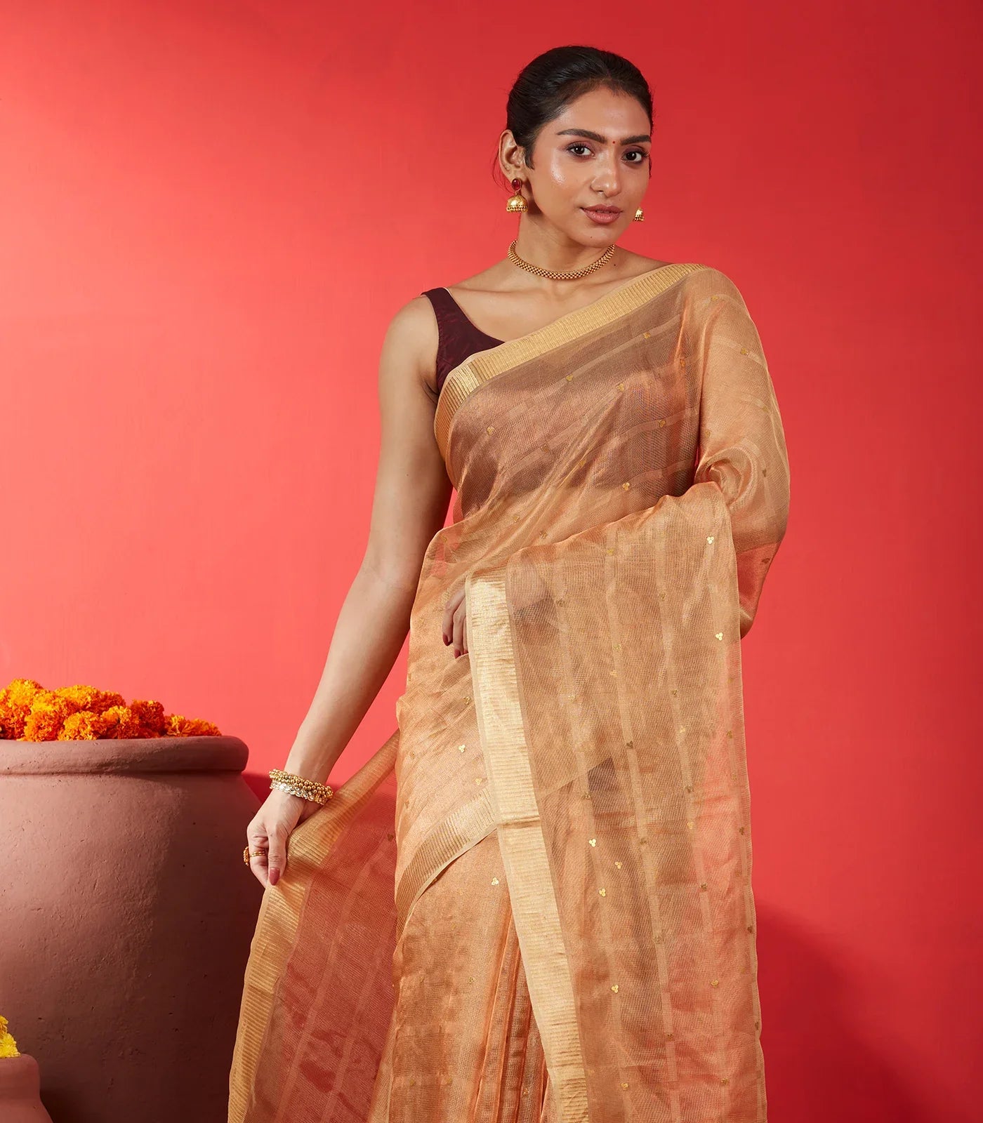 Gold Blended Tussar Tissue Saree With Buttas-Gold