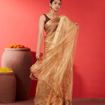 Gold Blended Tussar Tissue Saree With Buttas-Gold